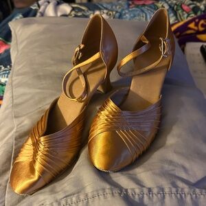 Gold Satin Ankle-Strap Women’s Smooth Dance Heels